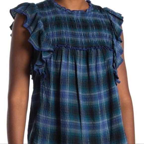 BEACHLUNCHLOUNGE Lori Blue Plaid Lori Ruffled Sleeveless Top - Size Small - Picture 5 of 5